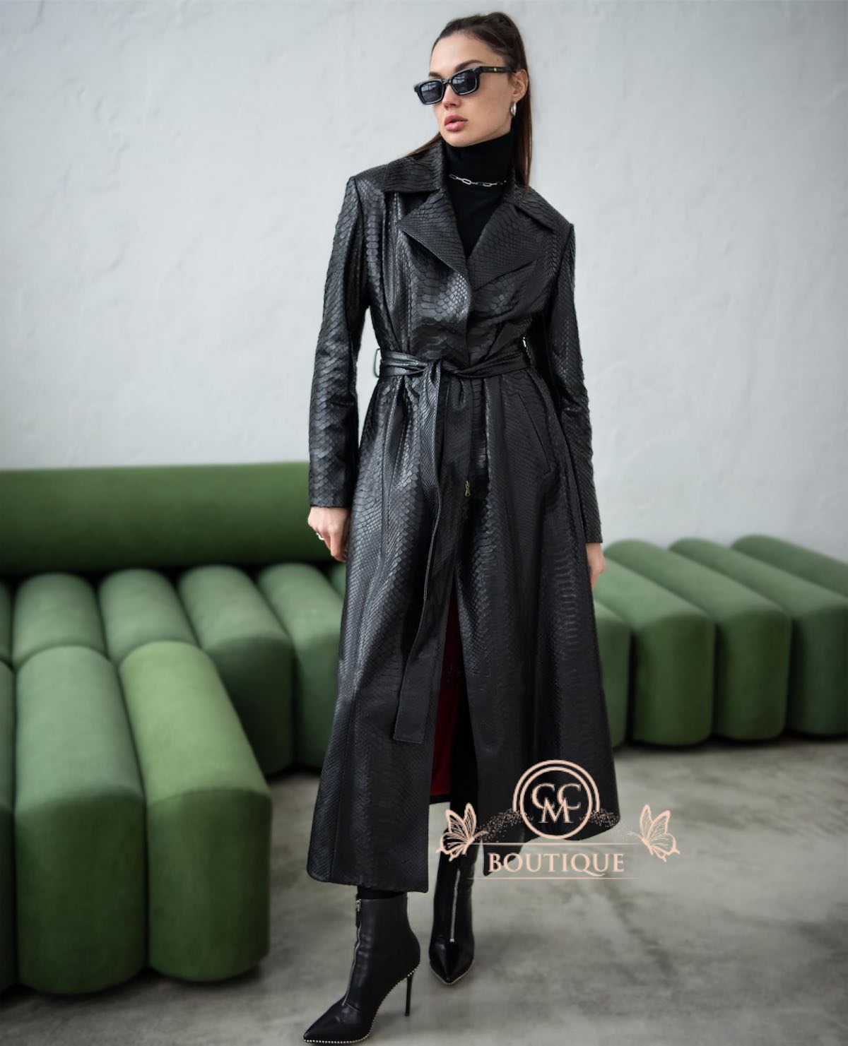 Melina Black Python Leather Trench Coat - CCM Boutique